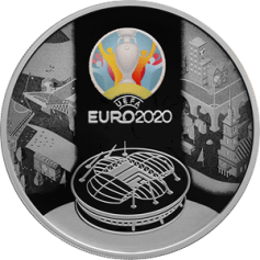 Серебряная монета 3 рубля "Чемпионат Европы по футболу 2020 года (UEFA EURO 2020)" 2021г., 31,1 г. 925 проба, ПРУФ